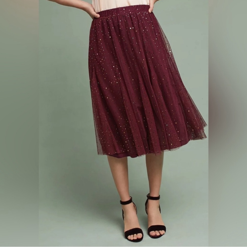 Anthropologie Wine Burgundy Midi Tulle Skirt with Sparkle